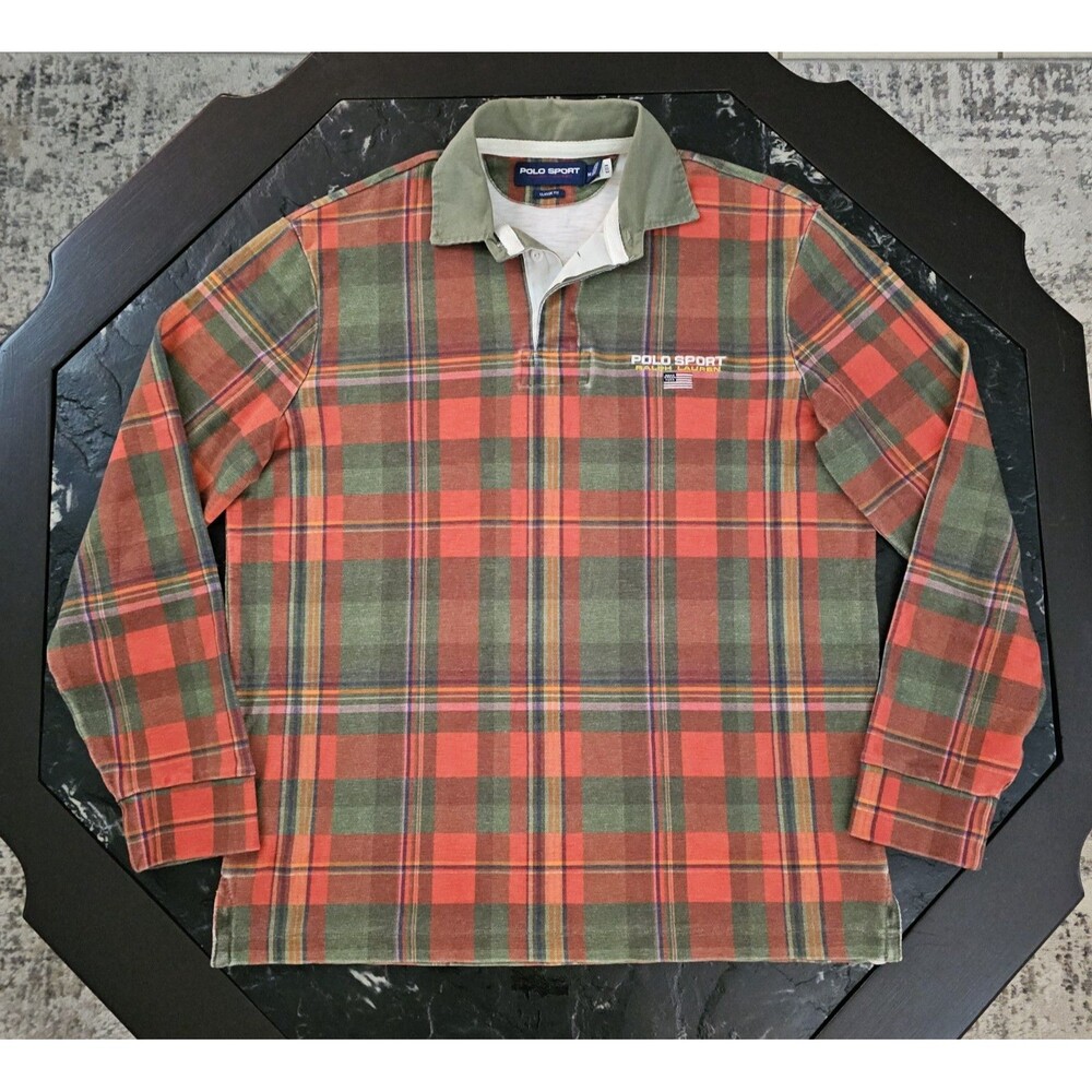 Polo Sport Ralph Lauren Madras Print Rugby Shirt Mens M Classic Fit Red Rocks